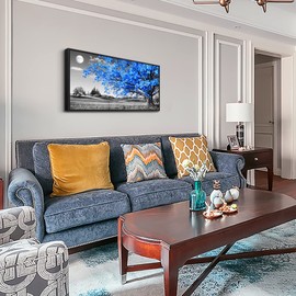 Framed Canvas Wall Art For Living Room Large Size Wall Decor For Bedroom Black And White Wall Pictures Blue Moon Tree Scenery Wall Painting Office Decor Room Home Decoration Black Framed 24" X 48"