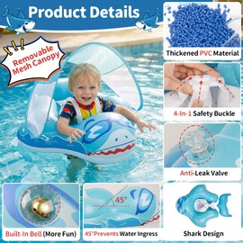 Salvagente Neonato con Parasole UPF 50+ Ninonly Salvagente Bambino con Parasole Design Squalo e Campanello, Piscina Gonfiabile Bambini Anti-Ribaltamento per Piscina 12-36 Mesi