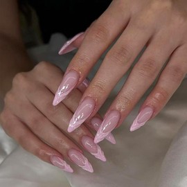 Pink French Tip Press on Nails 3D Swirl Wave Fake Nails Long Stiletto False Nails with Design Nude Transparent Glue on Nails Acrylic Full Cover Glossy Stick on Nails for Women Manicure 24PCS