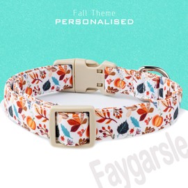 Faygarsle Fall Dog Collar, Autumn Floral Pattern with Maple Leaf Charm, White with Pumpkins and Leaves for Small Medium Large Dogs L