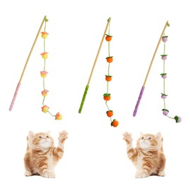 KrouNest Cat Teaser Wand Toy with Fruit Design & Wool Balls, Interactive Cat Wand Toys, Teaser Wand String Toy for Indoor Cats 16.5” Rod, 18.1” Rope 3PCS