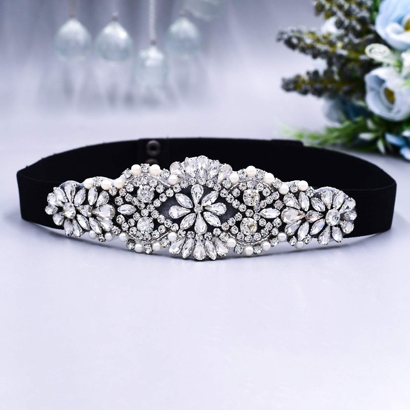 ULAPAN Rhinestone Black Elastic Belts for Women Interlocking Stretch Belt(S394),