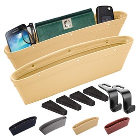 KUKEO Car Seat Gap Organiser 2 Pack, Vegan Leather Car Seat Gap Filler Organiser with Universal Fit, Adjustable Gap Filler for Car for Phone, Glasses, Keys, and More, With 2 headrest hook (Beige)