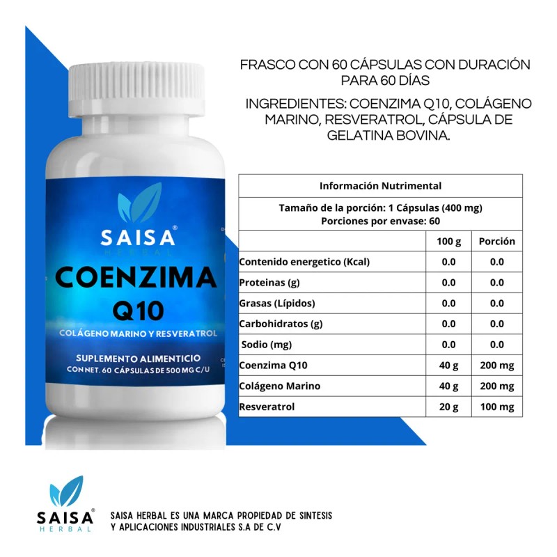 Coenzima Q10 Con Resveratrol Y Colágeno Marino 60 Cápsulas. Sabor