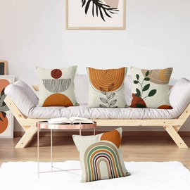 Boho Cushion Cover, 50 x 50 cm, Set of 4, Hnmdmyi Abstract Leaf Rainbow Sun Moon Decorative Cushion Covers Landscape Nature Minimalist Modern Art Aesthetic Linen Cushion Cover for Sofa Home Decor