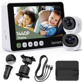bonoch 5" 1440P Baby Car Camera for 2 Kids - 360° Rotating Adjustable Wide View Dual Cameras, Split Screen Night Vision Baby Monitor, Easy Install for Rear Facing Backseat, USB Powered with Charger