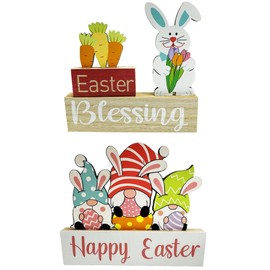 NOJGAC Easter Table Decorations Wooden, Spring Easter Sign Stand Table Decorations, Gnome Bunny Rabbit Ornaments for Easter Crafts, Wooden Easter Ornaments for Home Decor Party, Easter Gifts for Kids