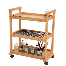 DJAR Rolling Art Supplies Cart, Solid Beech Wood Art Supply Organizert with Caster Wheels, Utility Cart for Adults, Artists, (Natural, Basic)