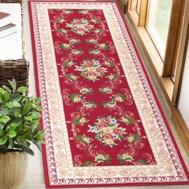 Long Runner Rug 2x6Ft Washable Runner Rugs Non Slip Hallway Runner Long Floor Carpets Bathroom Runner Red Floral Runner Rug for Entryway Aisle