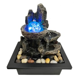 Indoor Tabletop Water Fountain Rotating Ball Rock Waterfall Fountain with Colorful Lights and Natural River Rocks, Zen Meditation for Home Office Decor (A)