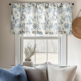 Vangao Linen Blend Valance Curtain Farmhouse Cottage Floral Small Window Curtain Light Filtering for Kitchen Rustic Valance for Living Room Bedroom Rod Pocket 1 Panel Blue on Beige