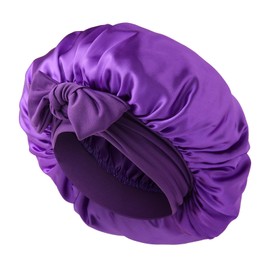 Abeillo Silk Sleep Bonnets for Women, 1PC Adjustable Satin Night Cap Soft Elastic Band Silk Bonnets for Sleeping, Hair Bonnet with Tie Band for Curly Hair Braid Women (Purple)