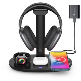 Headphone Stand with 15w Wireless Charger, Suguder 4 in 1 Charging Station Headset Holder for AirPods Max/Pro/4/3/2 iWatch 10/9/8/7/6/5/4/3/2/1/SE iPhone 17/16/15/14/13/12/11/X for Desktop Table Game