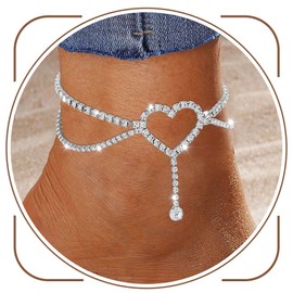 Eyret Rhinestone Anklet Silver Layered Sparkly Heart Crystal Ankle Bracelets Summer Beach Foot Accessories for Women