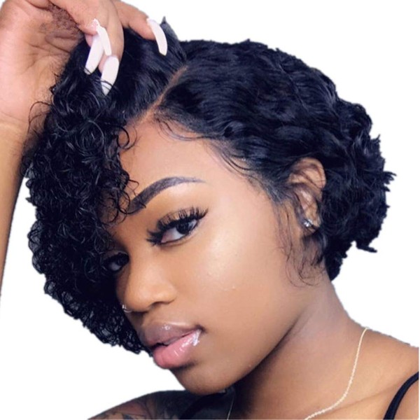 QoFina Afro Wig Short Deep Culry Wig, Short Curly Brazilian Human Hair Wig Black Afro Kinky Curly Human Hair Lace Front Wig