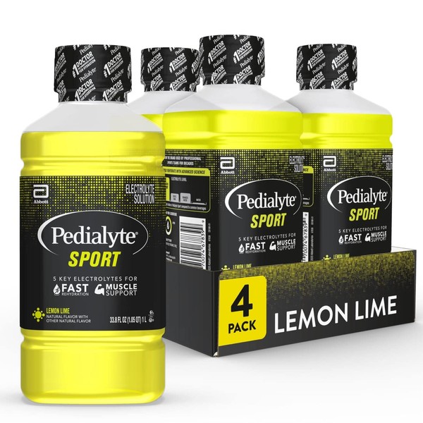 Pedialyte Sport Electrolyte Drink, Fast Hydration with 5 Key Electrolytes for Muscle Support Before, During, & After Exercise, Lemon Lime, 1 Liter, Pack of 4