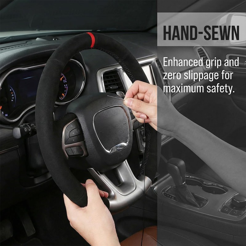 TNAIYH Car Steering Wheel Cover, 14.5-15" DIY Stitch on Suede