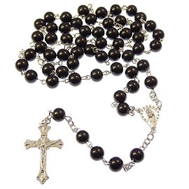 R Heaven Long Black Metal Long Catholic Rosary with Mother of God Centre 8 mm Beads, Metal, Pearl