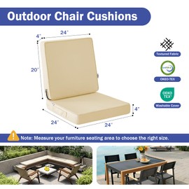 IPYNBAP Outdoor Chair Cushion Set 24 x 24 x 4 Inch, Waterproof & Fade Resistant Patio Furniture Cushions, Deep Seat & Back Cushion with Ties and Removable Covers for Chair Sofa Couch, Beige
