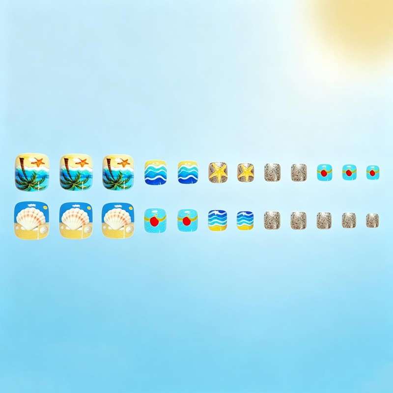 Ocean Beach Press on Toenails with Seashell Design Short Square