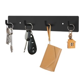 RELBRO Key Holder Wall Mount, Black Metal Key Hanger Self Adhesive Key Rail with 4 Key Hooks Key Rack Organizer 2 Options Installation for Entryway Hallway Kitchen RV Camper