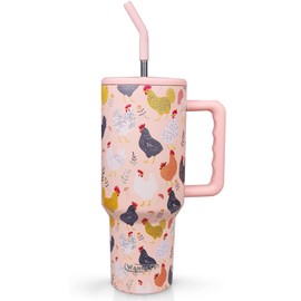 Wannesy - Vaso de 1.2 L con asa y tapa con popote, doble aislamiento, regalos temáticos para amantes de las gallinas, diseño de gallinas