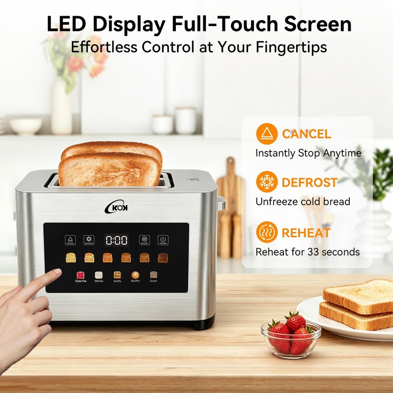 KOK 2 Slice Touch Screen Toaster, Stainless Steel Smart Toaster