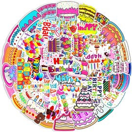 Hanycr 100 Pcs Multicolor Birthday Stickers, Vinyl Celebratory Stickers for Kids, Decorations, Water Bottle, Phone, Skateboard, Laptop, Waterproof, Indoor Use