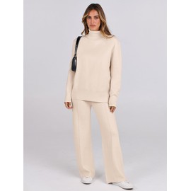 ANRABESS Womens 2 Piece Outfits Turtleneck Matching Lounge Set Sweater Top Wide Leg Pants Fall Cozy Knit Sweatsuit Loungewear Aprticot Small