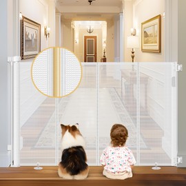 Reinforced 28 Inch Tall Retractable Baby Gates for Dogs - Easy Step Over, 100" Extra Wide Baby Gate with Support Rods, Indoor Mesh Dog Gates for The House Outdoor Retractable Gate Small Pet Gate/White