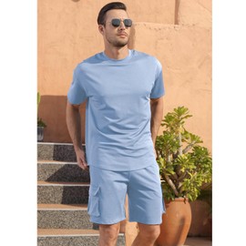 Fastkoala Mens Short Sets Tracksuits Outfits Suit Roll Neck Top & Pant Sweatsuits Gym Joggers Tooling Pocket 2 Pcs Blue L