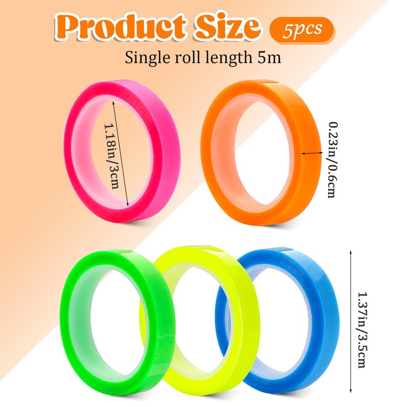 5 Rolls Highlighter Tapes 0.24inch X 16.4ft Writable Removable Highlighters