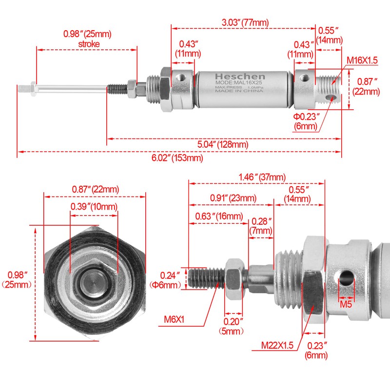 Heschen Pneumatic Slim Air Cylinder, M5 Port, 16mm Bore, 25mm