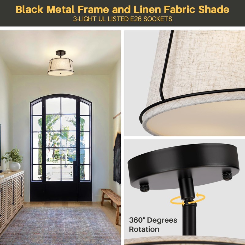 13'' Semi Flush Mount Ceiling Light Fixture,3-Light Black Light Fixtures