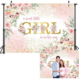 A Sweet Little Girl is on Her Way Banner Backdrop 2.1x1.5m Sweet Girl Baby Shower Photography Background Pink Floral Sweet Baby Shower Party Decorations Photo Booth Props