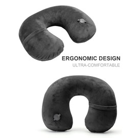 Inflatable Airplane Pillow, Neck Travel Pillows - Compact Portable Head and Neck Support Pillows in Flight, Small U Shape Headrest Cushion - Updated Valve System (black)
