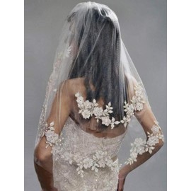 Bmirth Bride Wedding Veils White Bridal Tulle Veils 2 Tier Fingertip Length Bridal with Flower Lace Edge and Comb (A-white) (White veil)