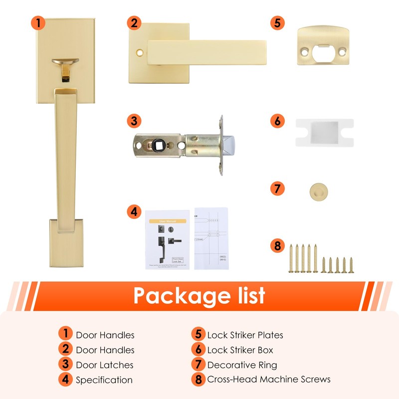 Haidms Gold Front Door Handle, Single Cylinder Exterior Door Entry