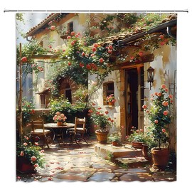Rustic Garden Shower Curtain Italian European Tuscany Italy Street City Courtyard Flower Vine Greece Vintage Pot Culture Mediterranean Bathroom Curtain Set Polyester Fabric Hooks 70 X 70 Inch