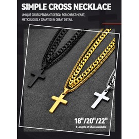FaithHeart Black Cross Necklace for Men Stainless Steel Layered Cuban Link Herringbone Double Chain Necklace with Simple Cross Pendant Religious Amulet Jewelry