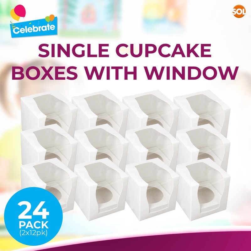 SOL 24pk Individual Cupcake Boxes – 9x9x9cm Boxes with Window