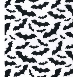 Printed Polycotton Craft Fabric Material - Black Bats ON White, 1Mtr 110cmx100cm