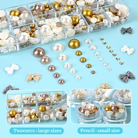 NACHLYNN 60g Mix Pearls and Rhinestones for Crafts Flatback Rhinestones Half Round Pearls Mixed Size 3mm-10mm Flatback Pearls for Crafts DIY Nail Art Shoes Clothes Tumblers Mugs (Champagne Gold)
