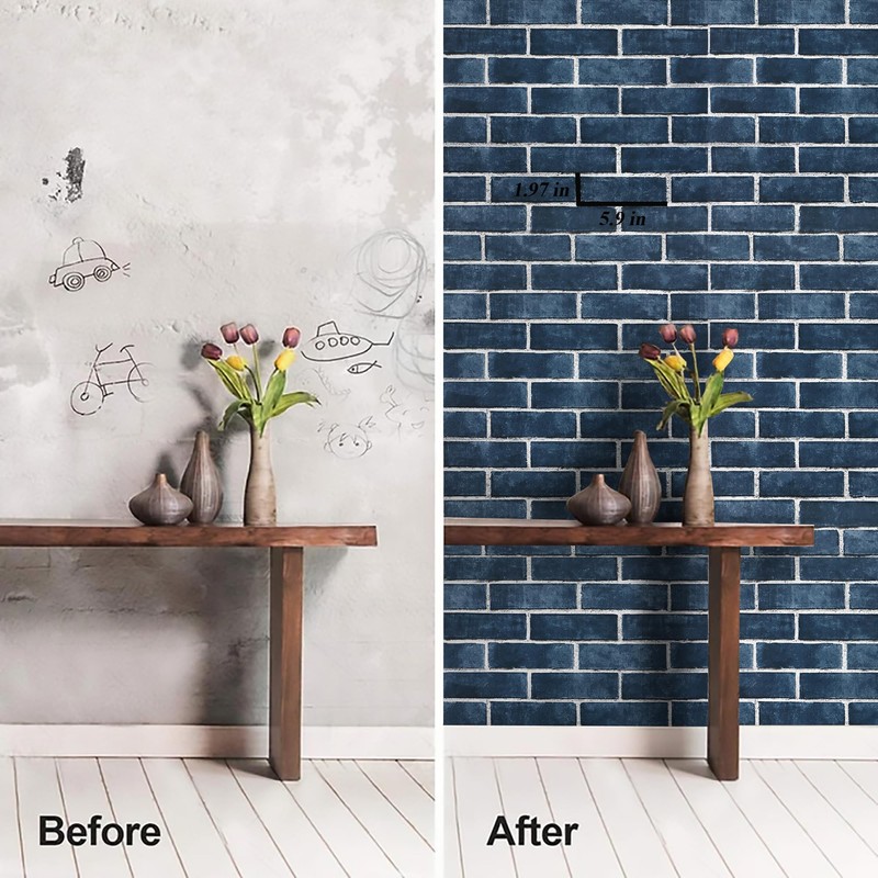 HeloHo 17.7" X 394" Blue Brick Wallpaper Peel and Stick