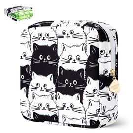Desing Wish Sanitary Pad Storage Bag Portable Period Bag for Teen Pads/Sanitary Napkins/Small Tampons, Sanitary Napkin Storage Bag First Period Gifts for Teen Girls (Black-White Cats)