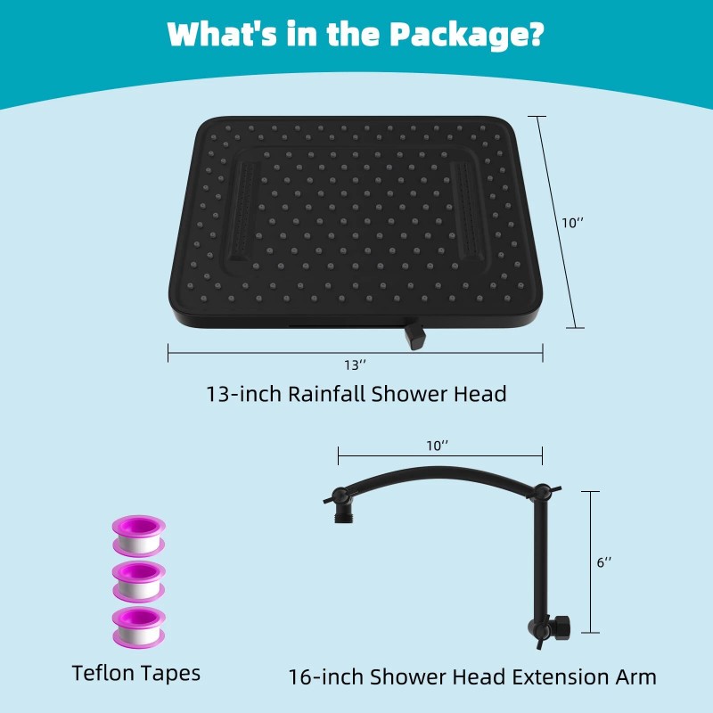 Hibbent High Pressure Adjustable 13” Square Shower Head,Rainfall 5 Spray