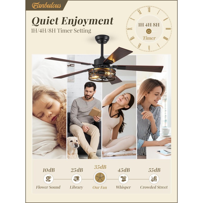 Farmhouse Ceiling Fans with Light, 48 Inch Bedroom Ceiling Fan