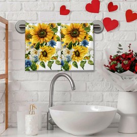 UNDAHIS Bright Sunflower Hand Towels 2 Pieces, 14.5×28in Soft Microfiber Yellow Floral Towels for Home Bathroom Decor, Kitchen Hand Towel for Cleaning Drying, Absorbent Face Bath Towel Set