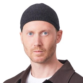 CHARM Mens Winter Hat Skull Cap - Fitted Hats for Men Wool Beanie Kufi Warm Muslim Prayer Dress Cap Stretchy Black L