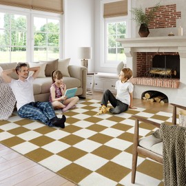 Lahome Checkerboard 8x10 Rug for Living Room, Modern Cotton Woven Large Checkered Rugs for Bedroom, Low Pile Washable Carpet for Kids Room (Khaki)